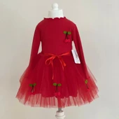 5-6-7 Yaş Kiraz Desenli Kurdela Kuşaklı Astarlı Uzun Kollu Kız Çocuk Tütü Elbise Kırmızı - 1