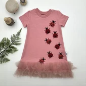 1-2-3 Yaş Uğur Böceği Nakışlı Fırfır Uçlu Kız Çocuk Jile Elbisesi Pudra - 1