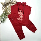 3-4-5 Yaş Kapşonlu Payetli Mickey Desenli Kısa Kol 2li Kız Erkek Çocuk Takımı Kırmızı - 1