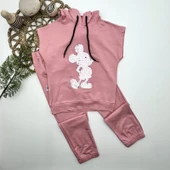 3-4-5 Yaş Kapşonlu Payetli Mickey Desenli Kısa Kol 2li Kız Erkek Çocuk Takımı Gül Kurusu - 1