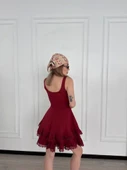 Fırfırlı Askılı Mini Elbise - Bordo - 2