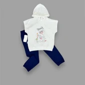 3-4-5 Yaş Kapşonlu Sevimli Kız Baskılı Kısa Kolu 2li Kız Erkek Çocuk Takımı Lacivert - 1