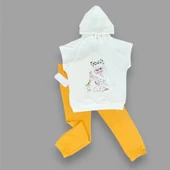 3-4-5 Yaş Kapşonlu Sevimli Kız Baskılı Kısa Kolu 2li Kız Erkek Çocuk Takımı Hardal - 2