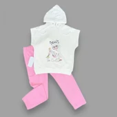 3-4-5 Yaş Kapşonlu Sevimli Kız Baskılı Kısa Kolu 2li Kız Erkek Çocuk Takımı Pembe - 2