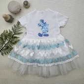 1-2-3 Yaş Payetli Mickey Baskılı Brode Etekli Kız Bebek Elbisesi Turkuaz - 1