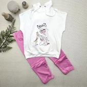 3-4-5 Yaş Kapşonlu Sevimli Kız Baskılı Kısa Kolu 2li Kız Erkek Çocuk Takımı Pembe - 1