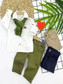 9-12-18-24 Ay Ve 3-4-5 Yaş Fularlı Pamuk Keten Gömlekli Pantolonlu 3lü Erkek Bebek Takımı Yeşil - 1