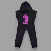 3-4-5 Yaş Kapşonlu Payetli Mickey Desenli Kısa Kol 2li Kız Erkek Çocuk Takımı Siyah - 2