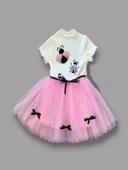 1-2-3 Yaş Uğur Böceği Nakışlı Kurdela Kuşak Kız Çocuk Elbisesi Pembe-ekru - 1