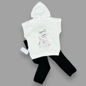 3-4-5 Yaş Kapşonlu Sevimli Kız Baskılı Kısa Kolu 2li Kız Erkek Çocuk Takımı Siyah - 1