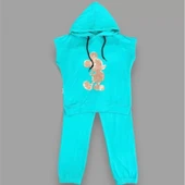 3-4-5 Yaş Kapşonlu Payetli Mickey Desenli Kısa Kol 2li Kız Erkek Çocuk Takımı Turkuaz - 2