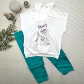 3-4-5 Yaş Kapşonlu Sevimli Kız Baskılı Kısa Kolu 2li Kız Erkek Çocuk Takımı Turkuaz - 1