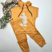 3-4-5 Yaş Kapşonlu Payetli Mickey Desenli Kısa Kol 2li Kız Erkek Çocuk Takımı Sarı - 1