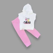 3-4-5 Yaş Forever Cici Kızlar Baskılı Kapşonlu 2li Kız Çocuk Takımı Pembe thumbnail 2