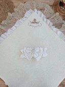 Yenidoğan Wool Yün Kumaş Taç Nakışlı Güpür Duvaklı Fiyonk Prizma Taş Unisex Kundak Bebek Battaniyesi Kahverengi - 3