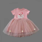 1-2-3 Yaş Tül Fiyonk Çiçekler Nakışlı Astarlı Kız Bebek Tütü Elbisesi Pudra - 2