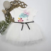 1-2-3 Yaş Tül Tokalı Bulut Civciv Ve Yıldız Nakışlı Kız Bebek Elbisesi Beyaz - 1