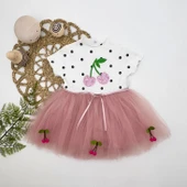 1-2-3 Yaş Payetli Kiraz Nakışlı Kiraz Etekli Kız Bebek Tütü Elbisesi Gül Kurusu thumbnail 1