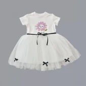 1-2-3 Yaş Payet Yapraklı Çiçek Nakışlı Astarlı Kız Bebek Tütü Elbisesi Beyaz - 2