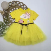 1-2-3 Yaş Tül Tokalı Bulut Civciv Ve Yıldız Nakışlı Kız Bebek Elbisesi Sarı - 1