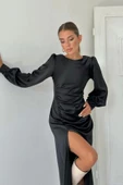 Siyah Yanı Büzgülü Yırtmaçlı Saten Elbise - 2