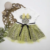 1-2-3 Yaş Fiyonklu Mickey Astarlı Etekli Kız Bebek Tütü Elbisesi Sarı-ekru - 1