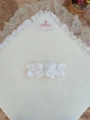 Yenidoğan Wool Yün Kumaş Taç Nakışlı Güpür Duvaklı Fiyonk Prizma Taş Unisex Kundak Bebek Battaniyesi Pembe - 3