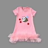 1-2-3 Yaş Arıcık Nakışlı Eteği Fırfırlı Jile Kız Çocuk Elbisesi Gül Kurusu - 2