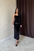 Siyah Tek Omuzlu Taş Askılı Elbise - 1