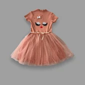 5-6-7 Yaş Payetli Süslü Yüz Baskılı Kız Çocuk Elbisesi Kahverengi - 2