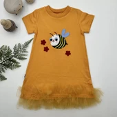 1-2-3 Yaş Arıcık Nakışlı Eteği Fırfırlı Jile Kız Çocuk Elbisesi Turuncu thumbnail 1
