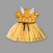 1-2-3 Yaş Payetli Kulak Tavşan Baskılı Kız Bebek Elbisesi Hardal - 1