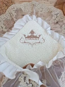 Yenidoğan Wool Yün Kumaş Taç Nakışlı Güpür Duvaklı Fiyonk Prizma Taş Unisex Kundak Bebek Battaniyesi Kahverengi - 6