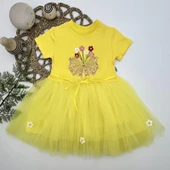 1-2-3 Yaş Tül Fiyonk Çiçekler Nakışlı Astarlı Kız Bebek Tütü Elbisesi Sarı - 1
