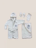 0-6 Ay Kaplan Nakışlı Bornozlu 5li Erkek Bebek Havlu Silgi Takımı Mavi - 1