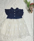 2-3-4 Yaş Astarlı Brode Etekli Kot Kumaş Düğmeli Kız Çocuk Elbisesi Mavi thumbnail 2