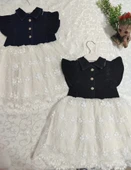 2-3-4 Yaş Astarlı Brode Etekli Kot Kumaş Düğmeli Kız Çocuk Elbisesi Lacivert - 2