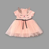 1-2-3 Yaş Payetli Kulak Tavşan Baskılı Kız Bebek Elbisesi Pudra - 1