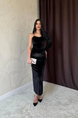 Siyah Tek Omuzlu Taş Askılı Elbise - 2