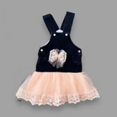 2-3-4 Yaş Fiyonklu Düğme Detaylı Tül Etek Kot Kumaş Salopet Kız Çocuk Elbisesi Lacivert-pudra - 2