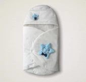 Yenidoğan Çift Yıldız Detaylı Şapkalı Duvaklı Erkek Bebek Klasik Kundak Bebek Battaniyesi Ekru - 1