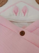 Yenidoğan 4 Kat Müslin Kumaş Kulaklı Patili Fiyonk Bebek Battaniyesi Kundak Pembe - 3