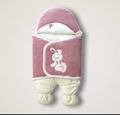 Yenidoğan Kadife Kumaş Ayıcık Nakışlı Şapkalı Kız Erkek Bebek Ayaklı Kundak Bebek Battaniyesi Gül Kurusu - 1