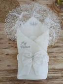 Yenidoğan Sahra Taç Benim Prensim Nakışlı Kundak Bebek Battaniyesi Ekru thumbnail 2