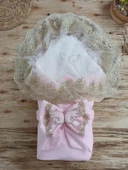 Yenidoğan Soft Kumru Melek Kanat Fiyonklu Gold Çift Dantel Duvaklı Trilüks Kundak Bebek Battaniyesi Pembe - 1