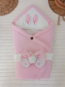 Yenidoğan 4 Kat Müslin Kumaş Kulaklı Patili Fiyonk Bebek Battaniyesi Kundak Pembe - 1