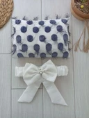 Yenidoğan İzmir İncisi Tül İşlemeli Pamuklu Fiyonklu Kundaklı Lüks 3lü Alt Açma Seti Lacivert - 6