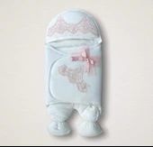 Yenidoğan Fistolu Fiyonk Kurdelalı Şapkalı Lüks Kız Erkek Bebek Ayaklı Kundak Bebek Battaniyesi Pembe - 1