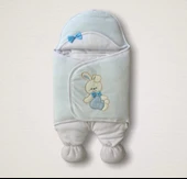 Yenidoğan Kadife Kumaş Ayıcık Nakışlı Şapkalı Kız Erkek Bebek Ayaklı Kundak Bebek Battaniyesi Mavi - 1