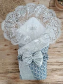 Yenidoğan Piramit Desenli Güpür İşlemeli Bebek Battaniyesi Kundak Gümüş - 1